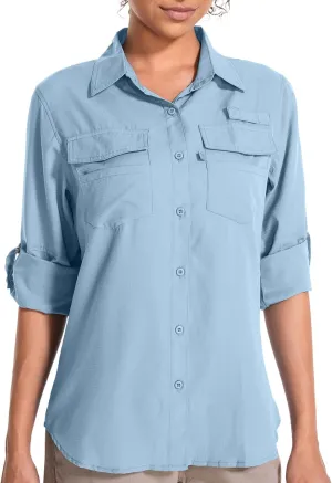 Women's UPF 50 UV Sun Protection Long Sleeve Safari Shirts Quick Dry Hiking Travel Fishing Outdoor Cool Shirts