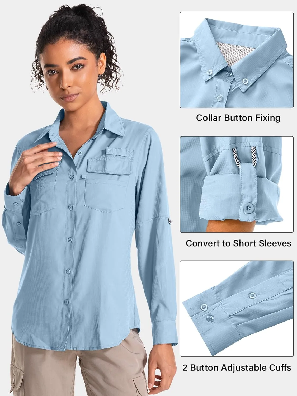 Women's UPF 50 UV Sun Protection Long Sleeve Safari Shirts Quick Dry Hiking Travel Fishing Outdoor Cool Shirts
