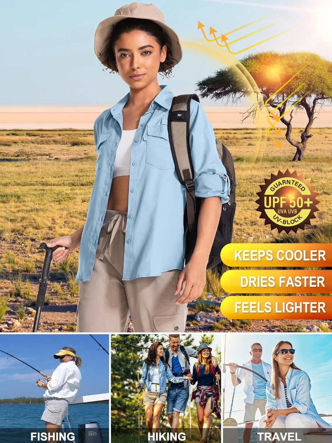 Women's UPF 50 UV Sun Protection Long Sleeve Safari Shirts Quick Dry Hiking Travel Fishing Outdoor Cool Shirts