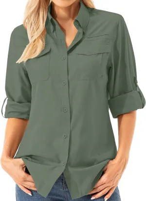 Womens UPF 50  UV Sun Protection Safari Shirts Long Sleeve Outdoor Cool Quick Dry Fishing Hiking Gardening Shirts