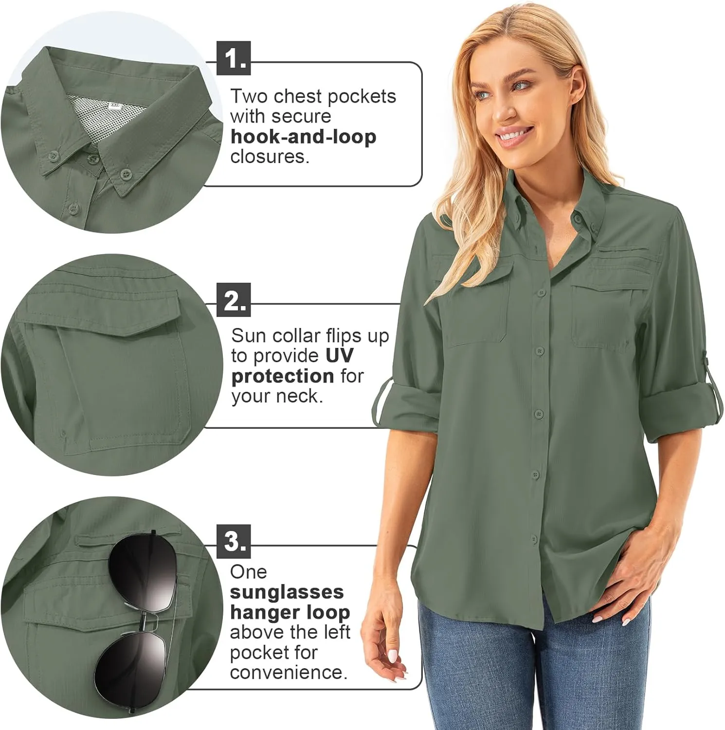 Womens UPF 50  UV Sun Protection Safari Shirts Long Sleeve Outdoor Cool Quick Dry Fishing Hiking Gardening Shirts