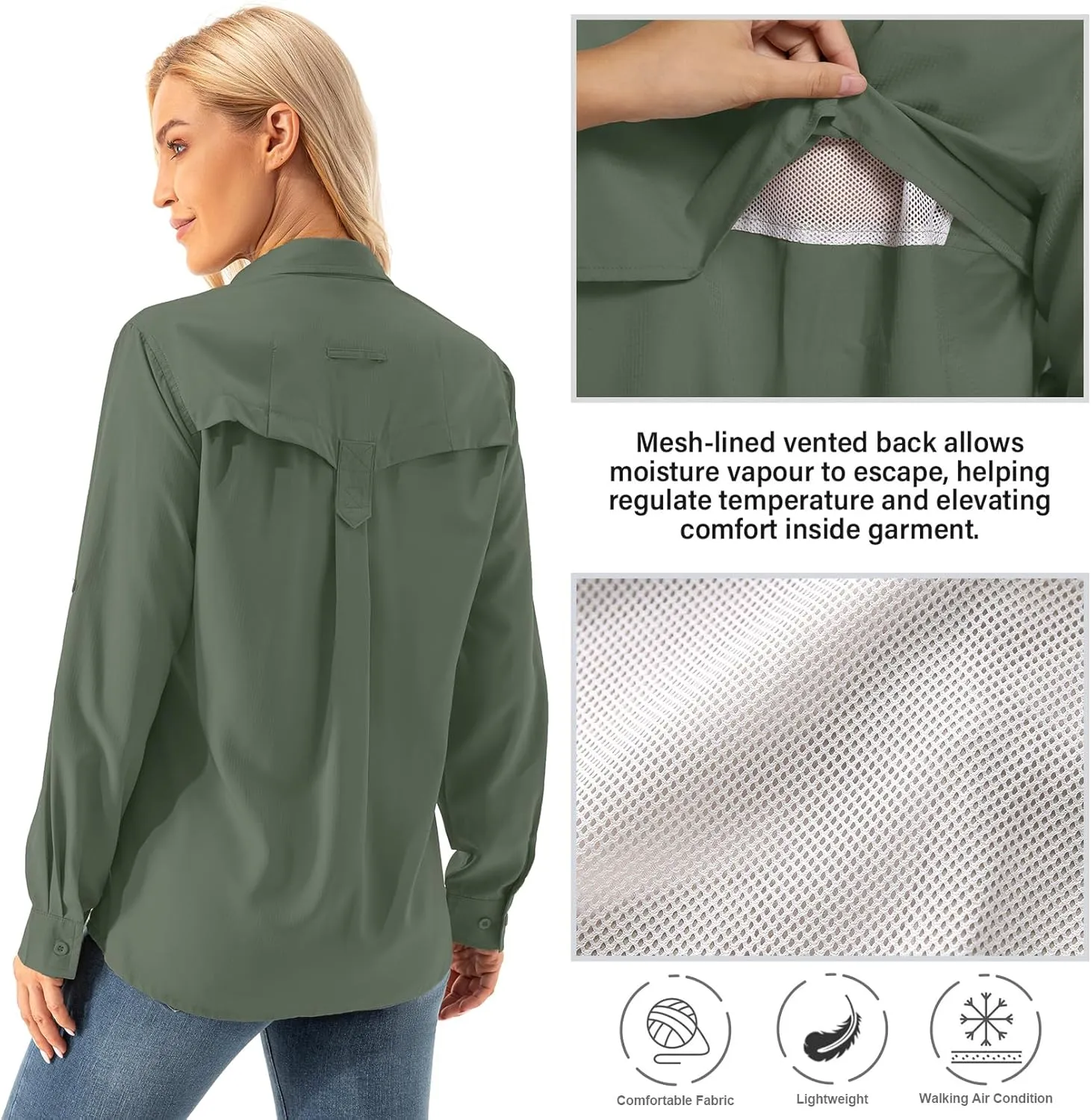Womens UPF 50  UV Sun Protection Safari Shirts Long Sleeve Outdoor Cool Quick Dry Fishing Hiking Gardening Shirts