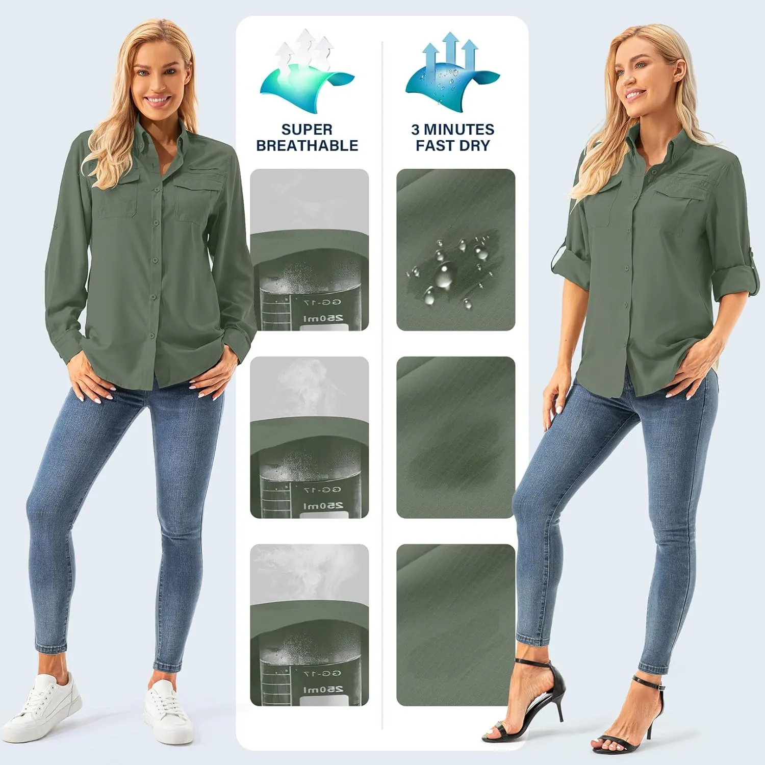 Womens UPF 50  UV Sun Protection Safari Shirts Long Sleeve Outdoor Cool Quick Dry Fishing Hiking Gardening Shirts