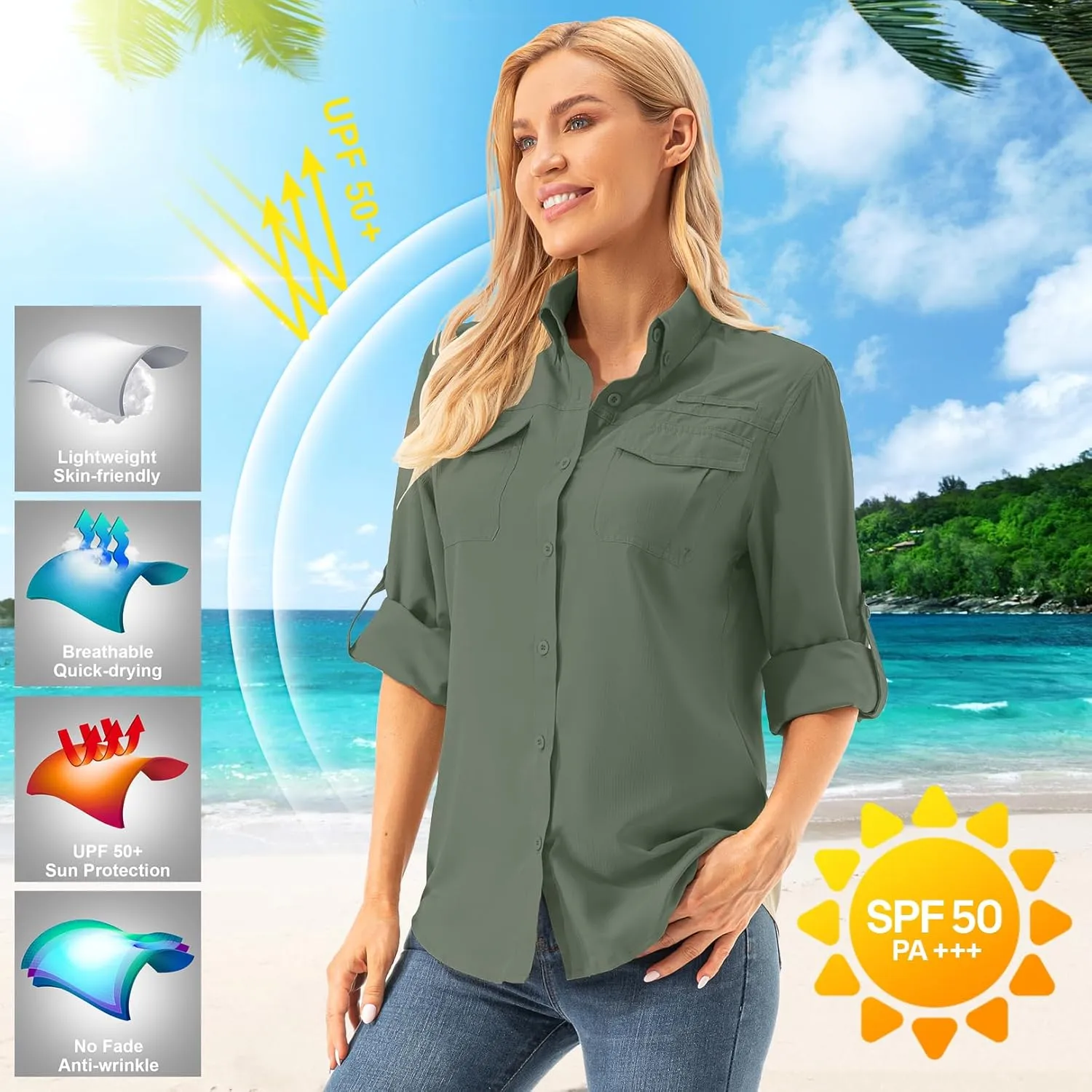 Womens UPF 50  UV Sun Protection Safari Shirts Long Sleeve Outdoor Cool Quick Dry Fishing Hiking Gardening Shirts