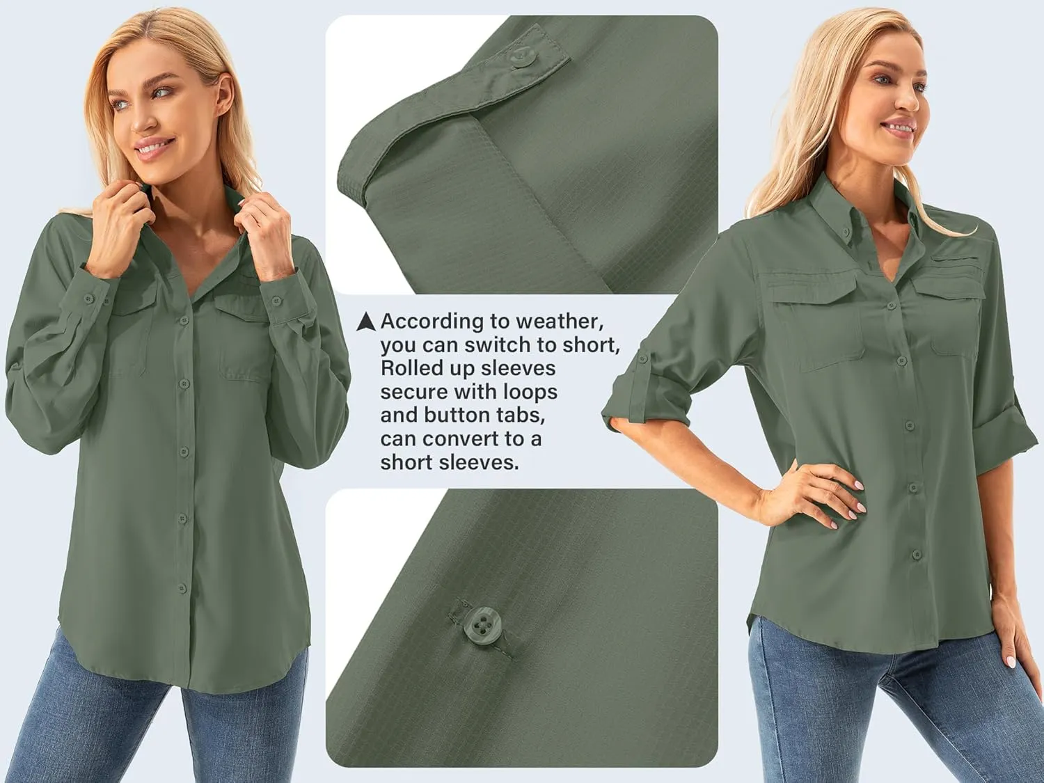 Womens UPF 50  UV Sun Protection Safari Shirts Long Sleeve Outdoor Cool Quick Dry Fishing Hiking Gardening Shirts