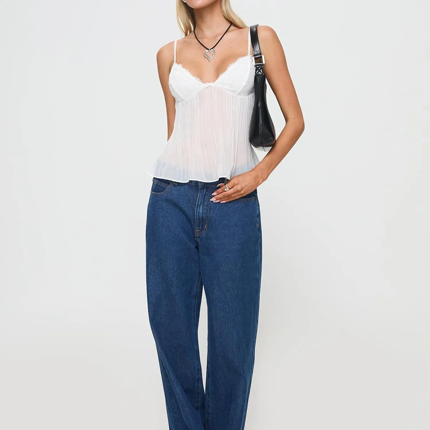 Women's V Neck Camisole Tank Top Mini Bowknot Front Spaghetti Strap Lace Cropped Tops