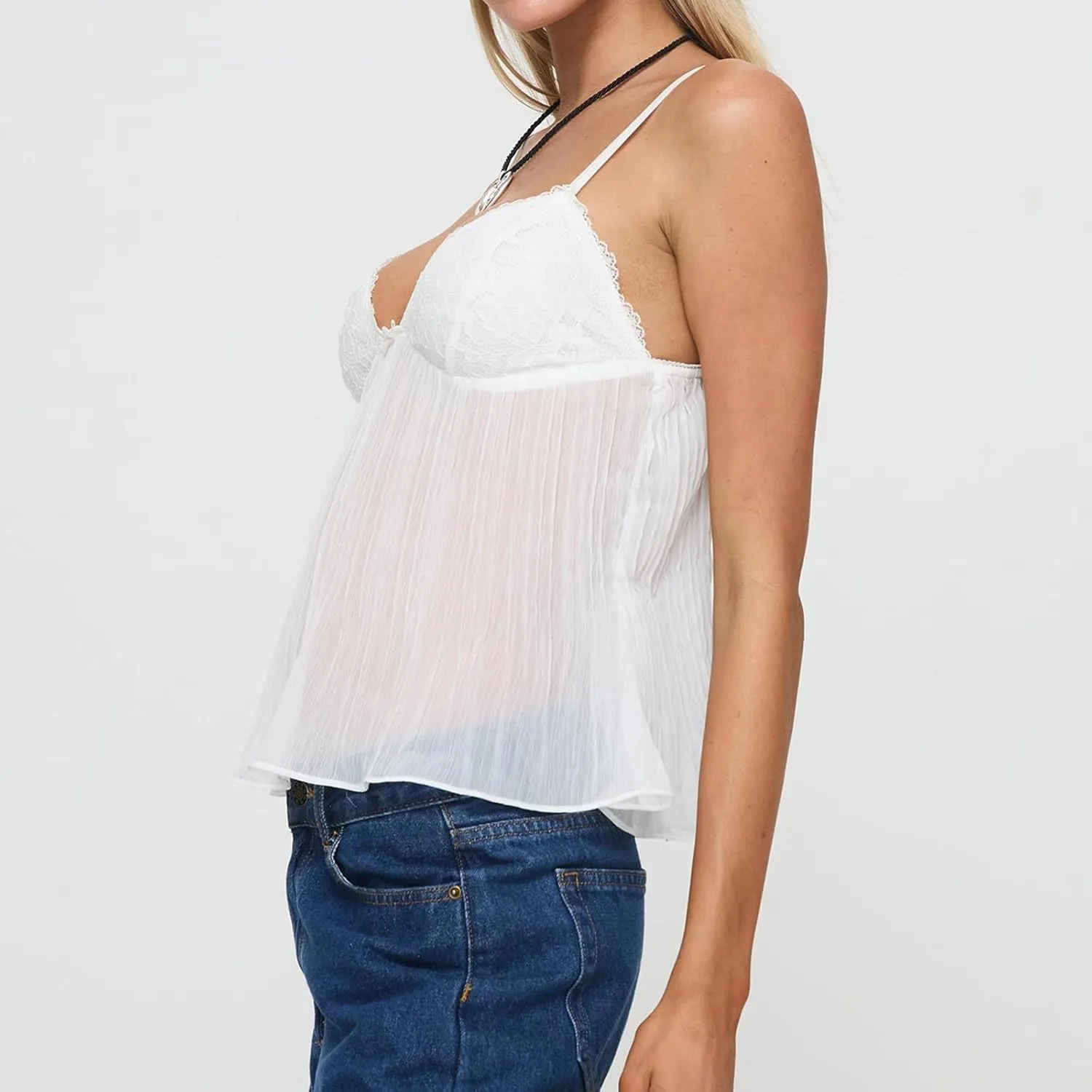 Women's V Neck Camisole Tank Top Mini Bowknot Front Spaghetti Strap Lace Cropped Tops