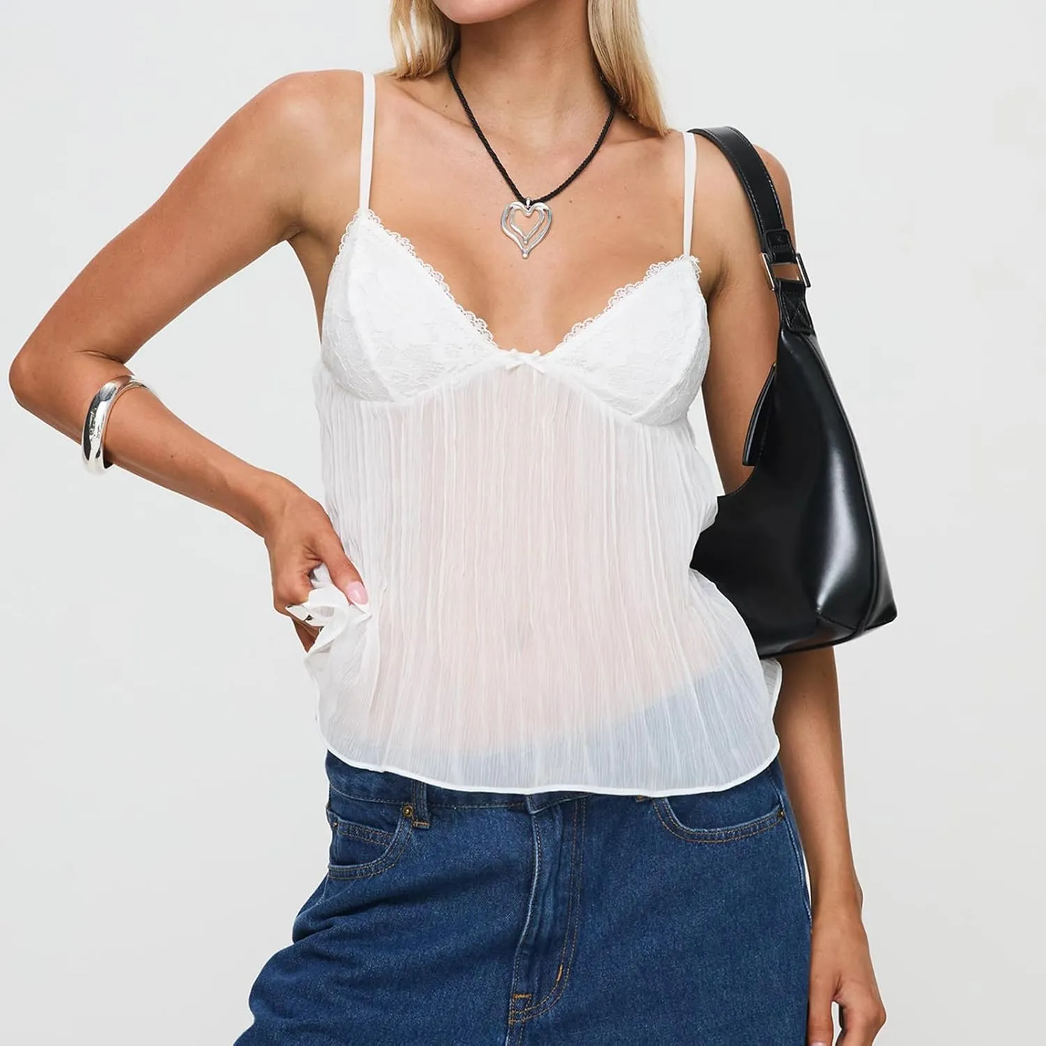 Women's V Neck Camisole Tank Top Mini Bowknot Front Spaghetti Strap Lace Cropped Tops