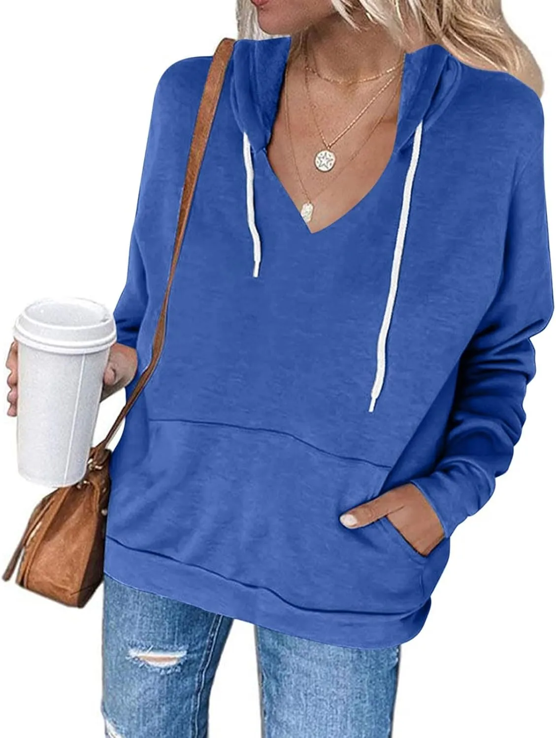 Womens V Neck Hoodie Tops 2025 Fall Casual Long Sleeve Pullover Solid Color Oversized Sweatshirt with Pocket