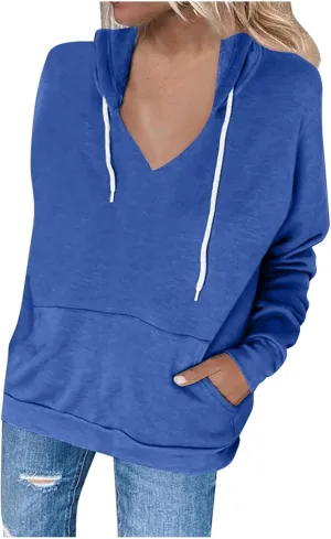 Womens V Neck Hoodie Tops 2025 Fall Casual Long Sleeve Pullover Solid Color Oversized Sweatshirt with Pocket