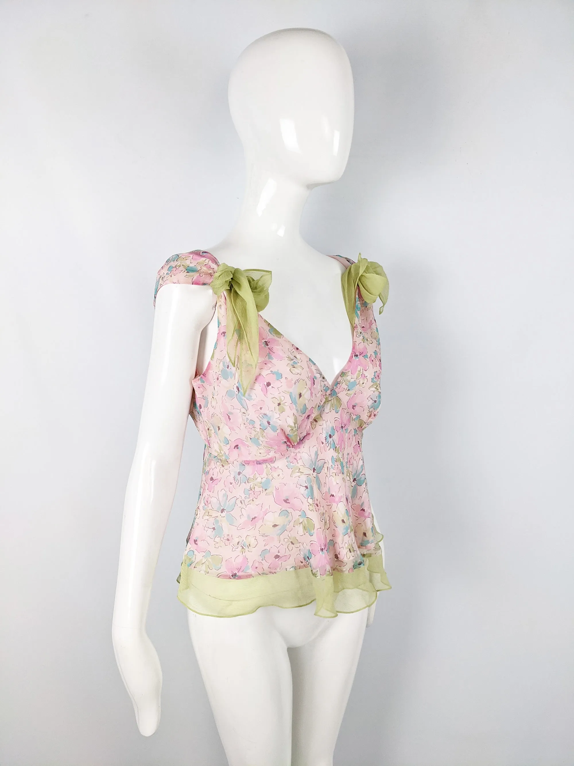 Womens Vintage Pastel Pink & Green Bow Blouse, 2000s