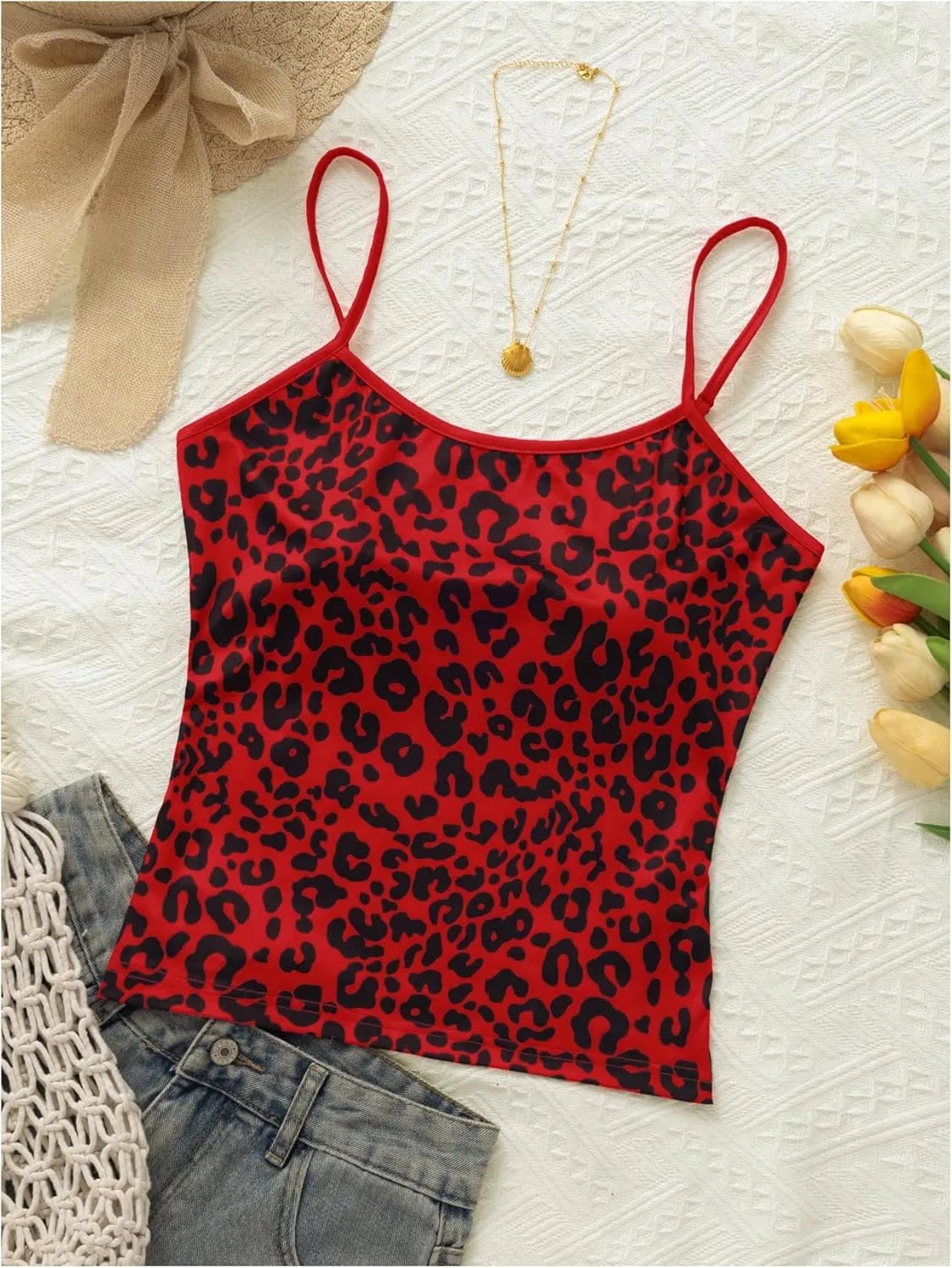 Women's Y2K Leopard Print Slim Fit Camisole Tops Casual Spaghetti Strap Tank Tops