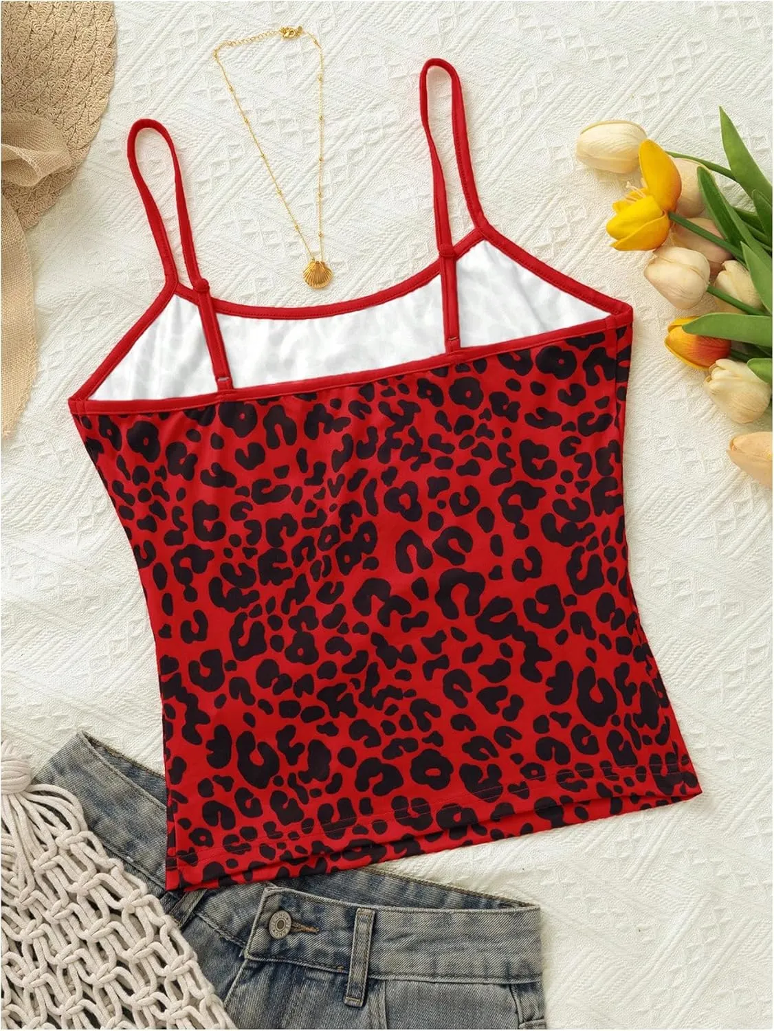Women's Y2K Leopard Print Slim Fit Camisole Tops Casual Spaghetti Strap Tank Tops