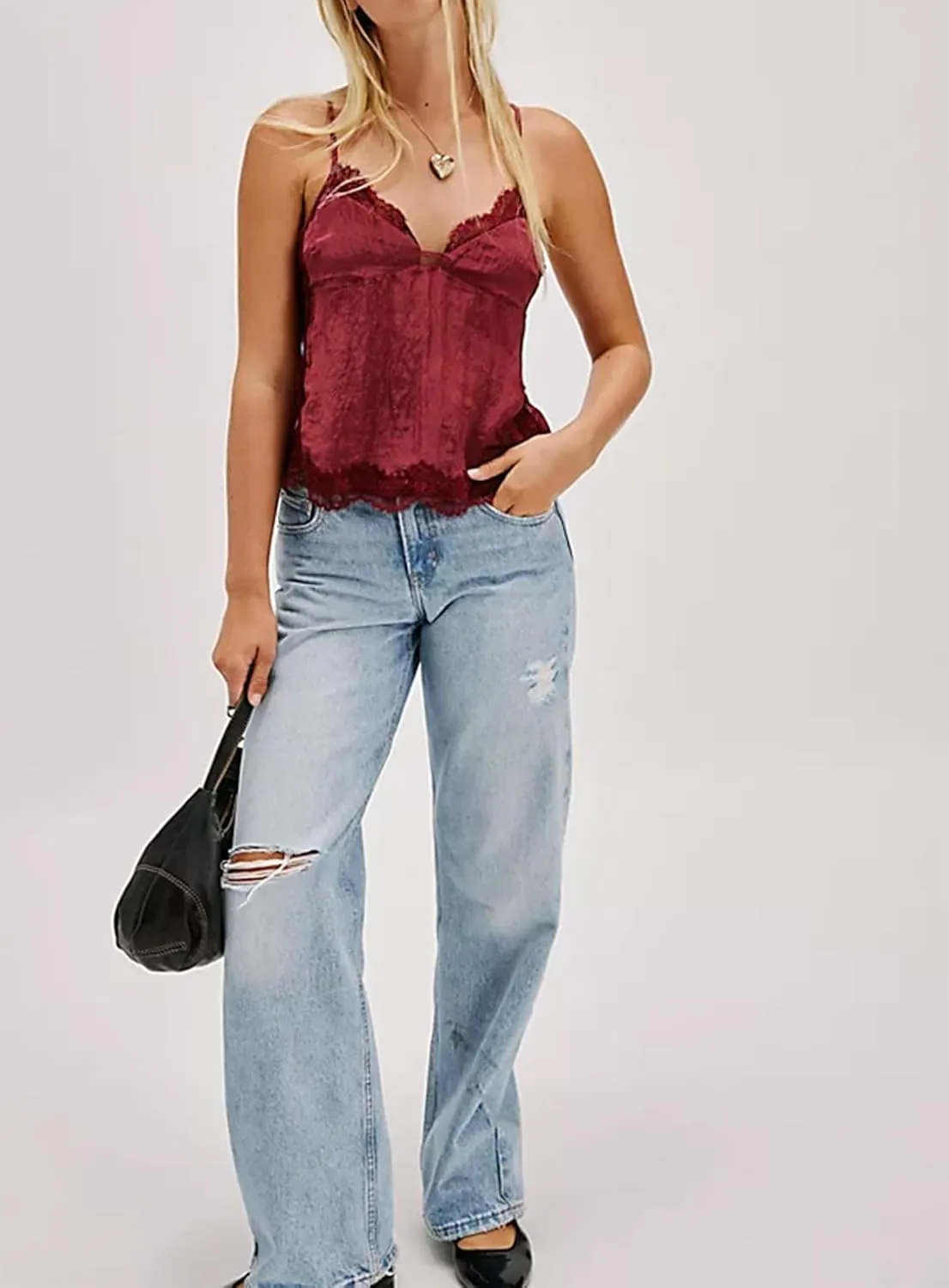 Womens Y2K V Neck Camisole Sexy Spaghetti Strap Lace Trim Going Out Tops Summer Basics Tank Tops Streetwear