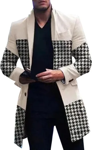 Wool Blend Trench Coat Men Notched Collar Plaid Single Breasted Pea Coats Slim Fit Warm Winter Jackets Big and Tall