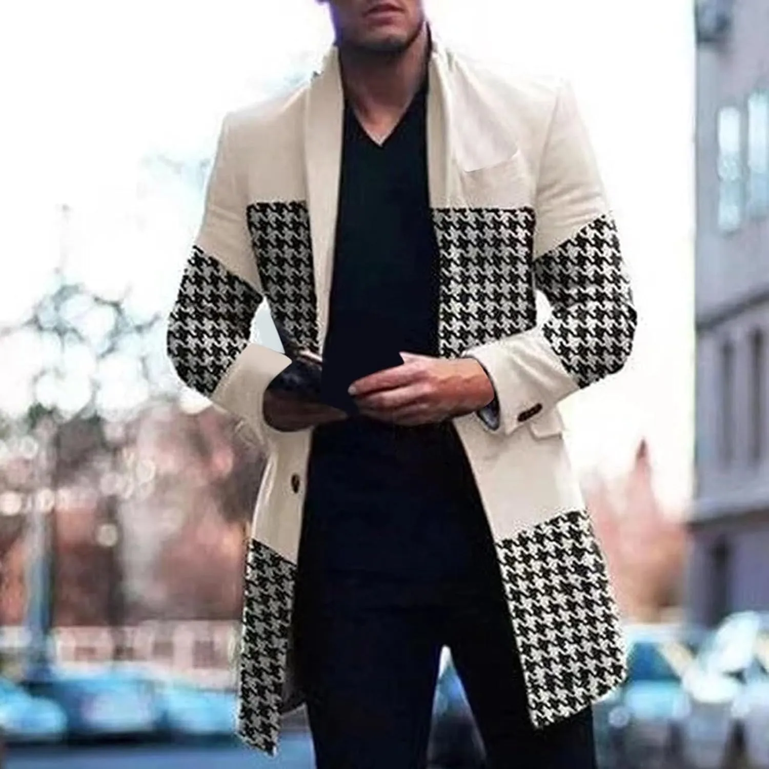 Wool Blend Trench Coat Men Notched Collar Plaid Single Breasted Pea Coats Slim Fit Warm Winter Jackets Big and Tall