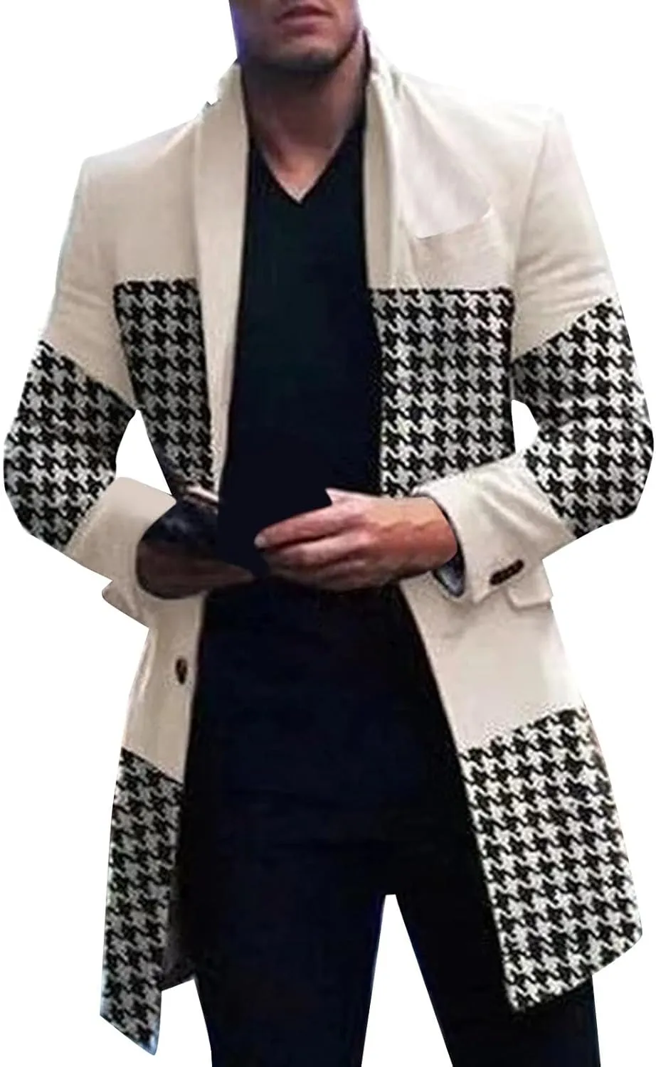 Wool Blend Trench Coat Men Notched Collar Plaid Single Breasted Pea Coats Slim Fit Warm Winter Jackets Big and Tall