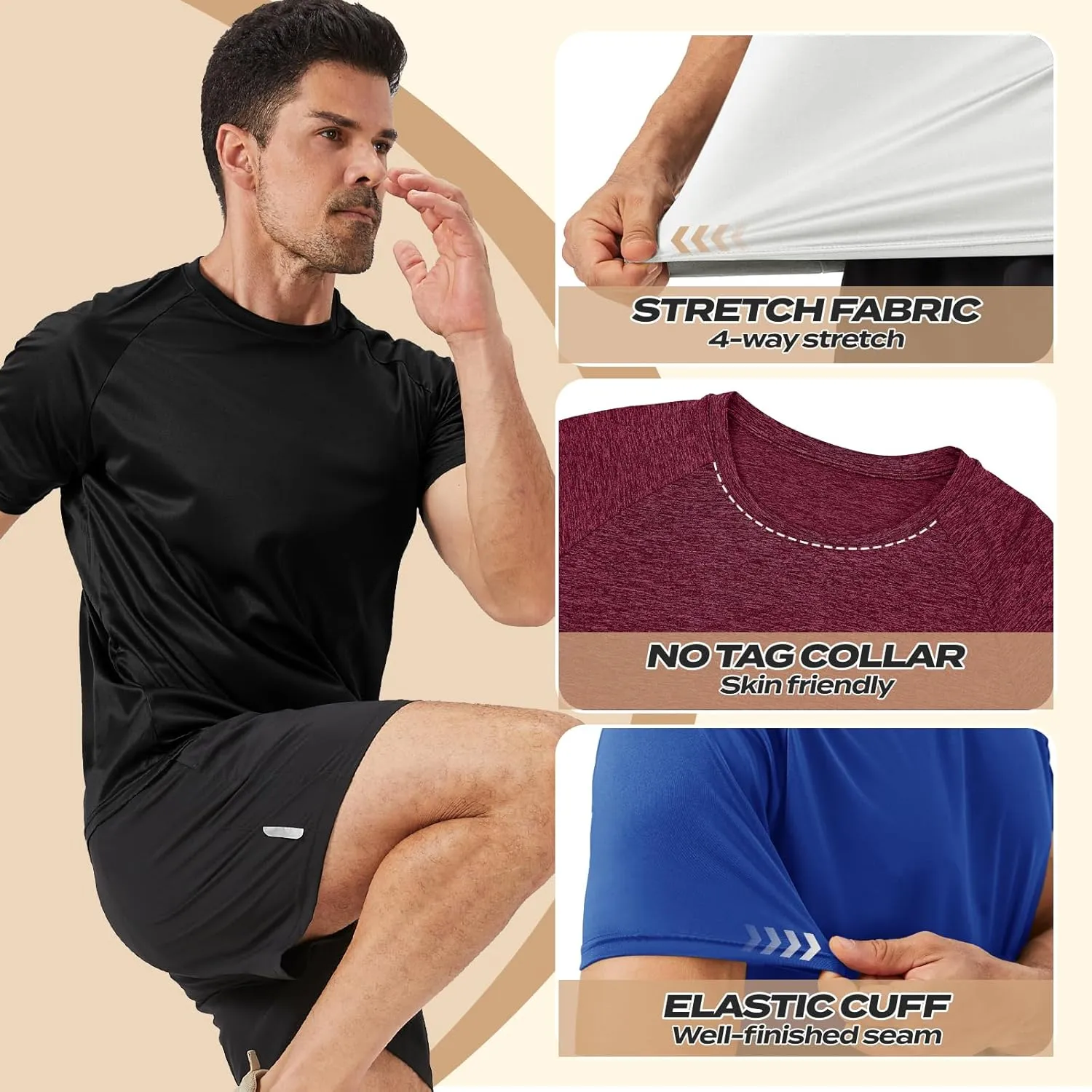 Workout Mens Shirts - Casual Black Dry Fit Moisture Wicking T-Shirts Crew Neck Short Sleeve for Gym Athletic Running