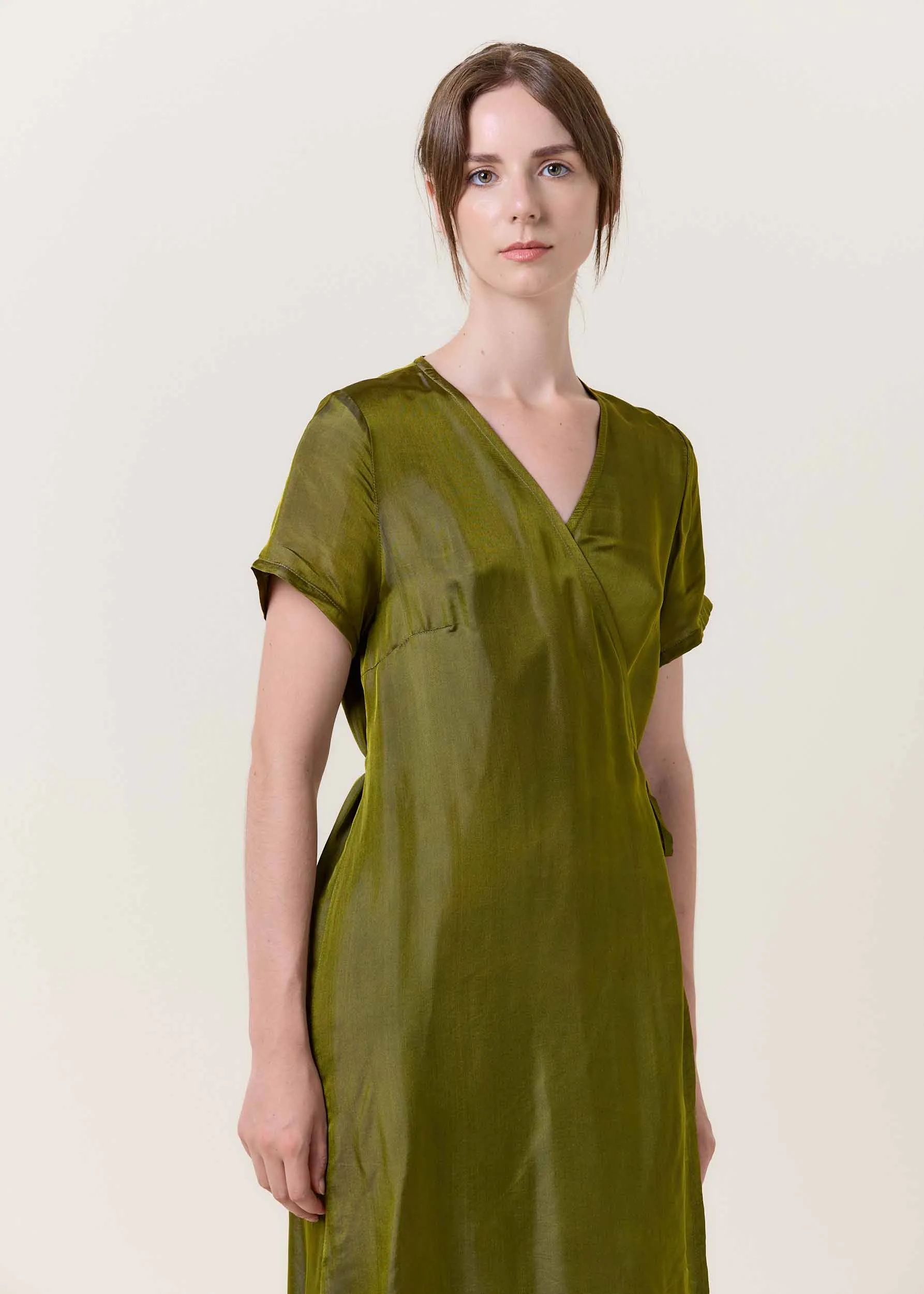 Wrapped V-neck Midi Silk Dress