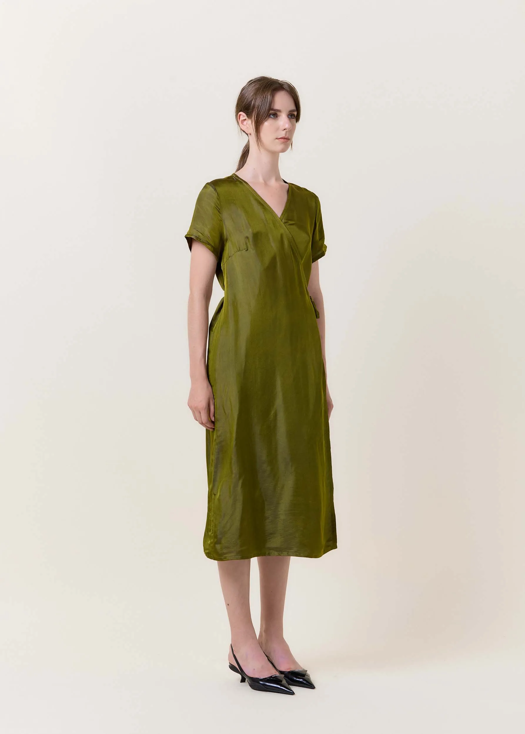Wrapped V-neck Midi Silk Dress