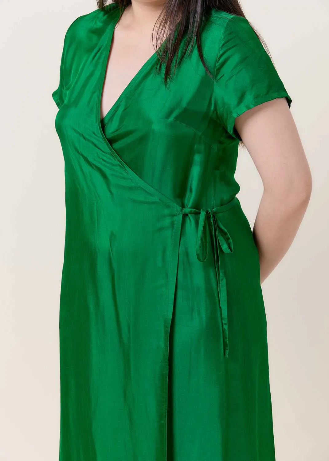 Wrapped V-neck Midi Silk Dress