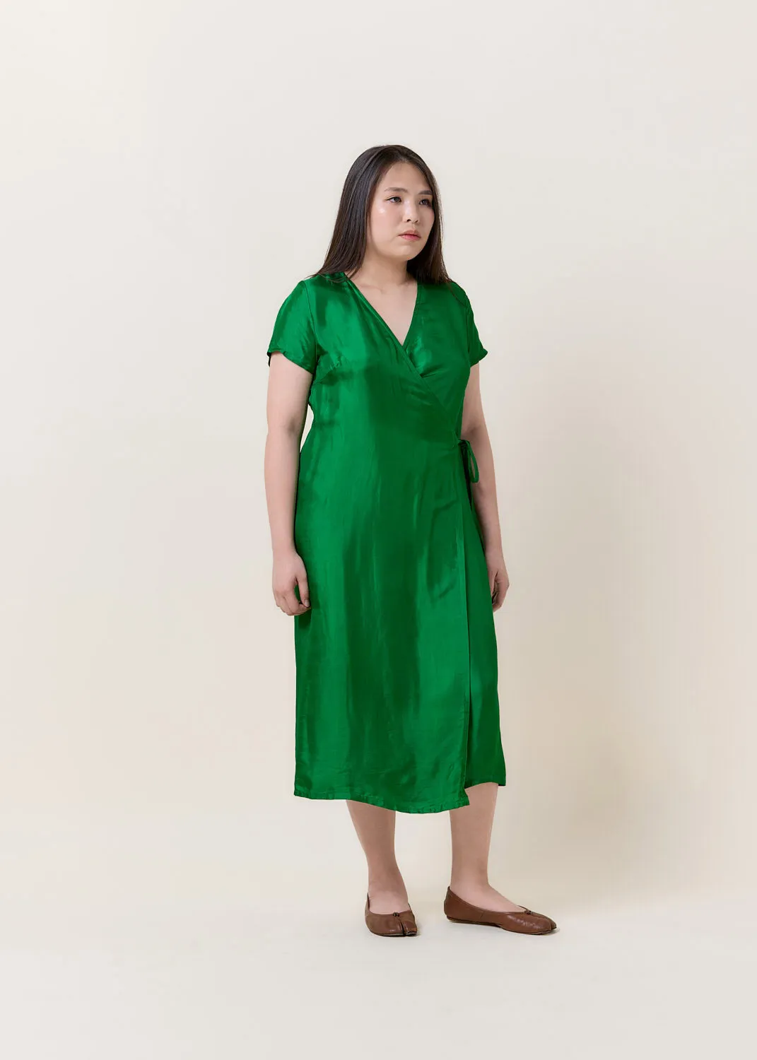 Wrapped V-neck Midi Silk Dress