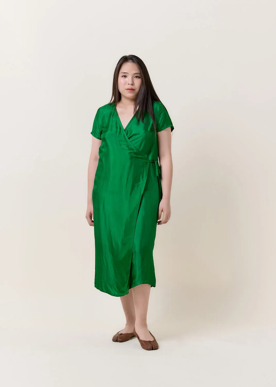 Wrapped V-neck Midi Silk Dress