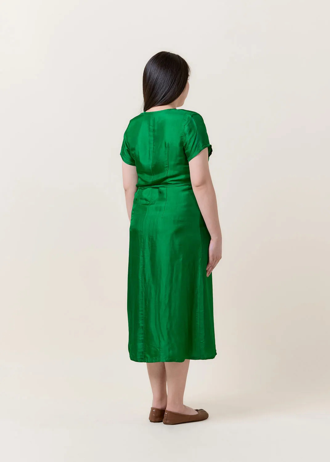 Wrapped V-neck Midi Silk Dress