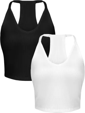 Wyeysyt 2 Pack Tank Top for Women Workout Racerback Basic Ribbed Tops V Neck Slim Fit Going Out Summer Camisole