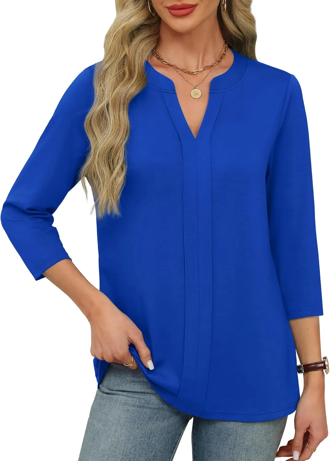 XIEERDUO 3/4 Length Sleeve Womens Tops V Neck Pleated Work Blouses Dressy Casual Summer Tops 2025 Trendy