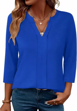XIEERDUO 3/4 Length Sleeve Womens Tops V Neck Pleated Work Blouses Dressy Casual Summer Tops 2025 Trendy
