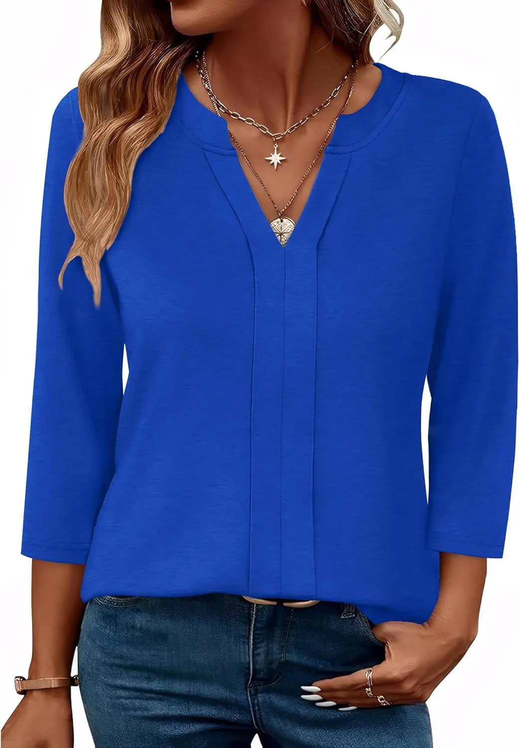 XIEERDUO 3/4 Length Sleeve Womens Tops V Neck Pleated Work Blouses Dressy Casual Summer Tops 2025 Trendy