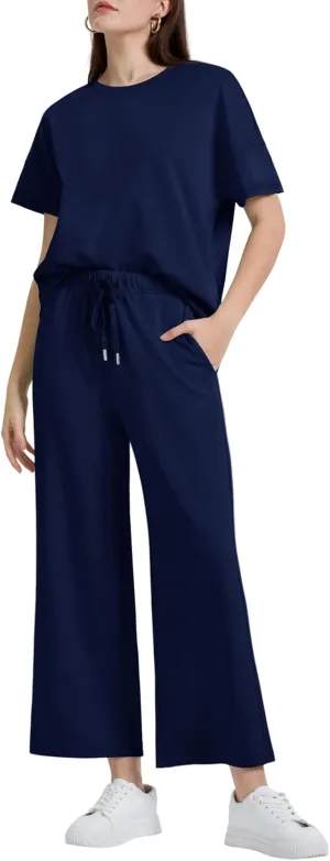 XIEERDUO Women's 2 Piece Outfits For Women Loose Pajamas Pullover Tops And Wide Leg Pants Lounge Sets Tracksuit Sweatsuit