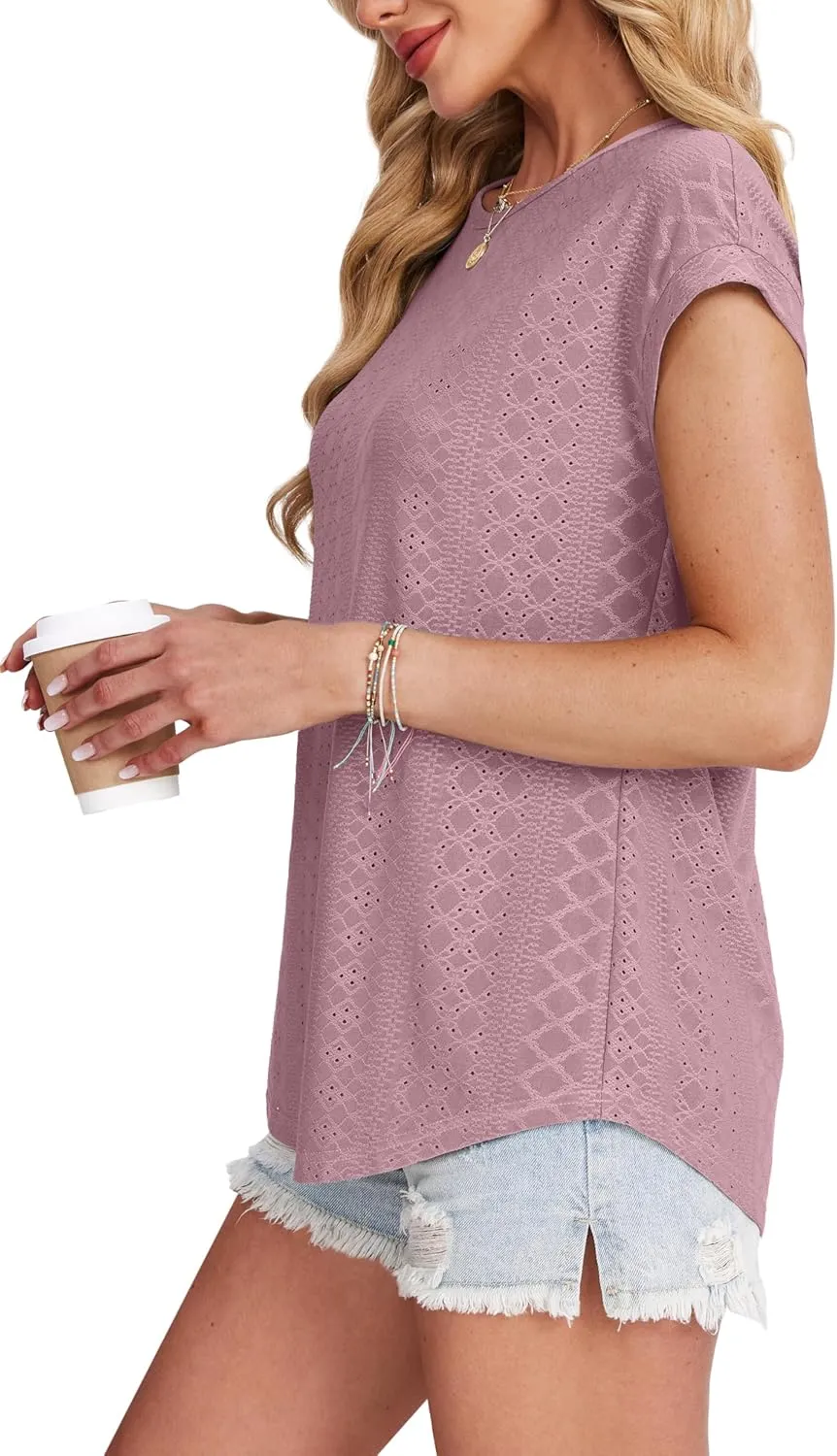 XIEERDUO Womens Tops Short Sleeve Shirts Blouses for Women Dressy Casual Cap Sleeve Tops with Curved Hem
