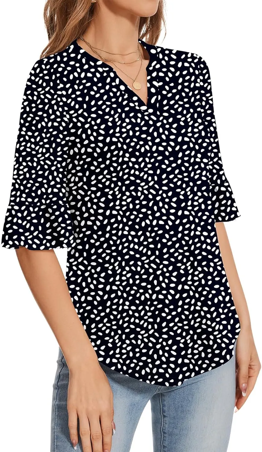 YATHON 3/4 Length Sleeve Womens Tops Dressy Casual Summer Shirts V Neck Bell Sleeve Floral Print Loose Ruffle Tunic Blouses