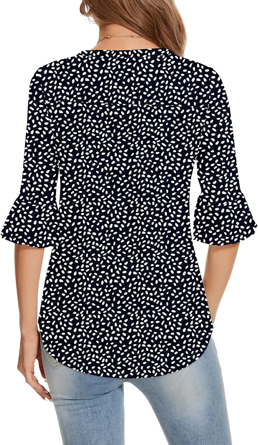 YATHON 3/4 Length Sleeve Womens Tops Dressy Casual Summer Shirts V Neck Bell Sleeve Floral Print Loose Ruffle Tunic Blouses