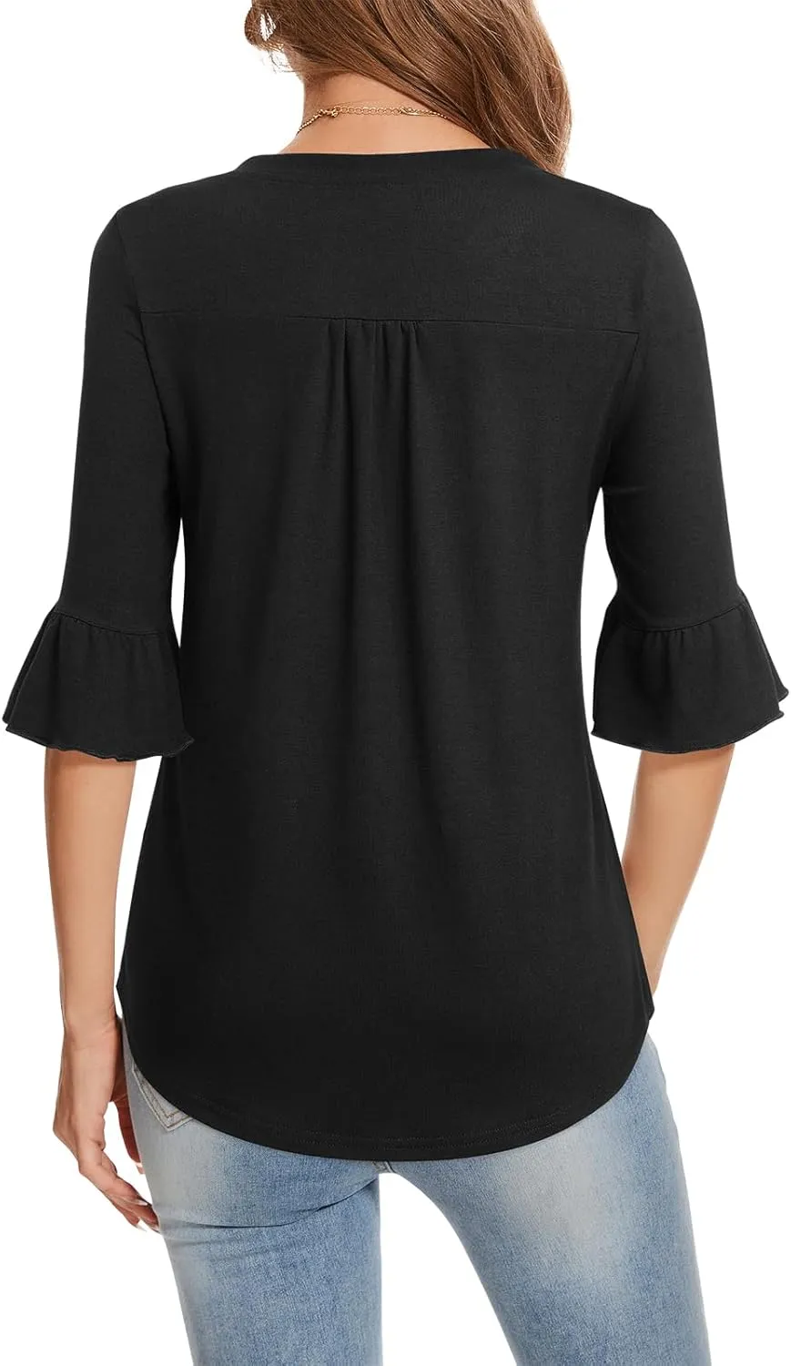 YATHON 3/4 Length Sleeve Womens Tops Dressy Casual Summer Shirts V Neck Bell Sleeve Floral Print Loose Ruffle Tunic Blouses
