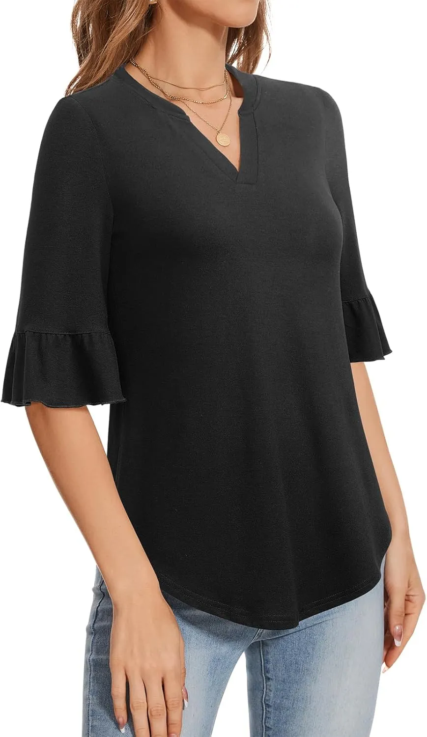 YATHON 3/4 Length Sleeve Womens Tops Dressy Casual Summer Shirts V Neck Bell Sleeve Floral Print Loose Ruffle Tunic Blouses