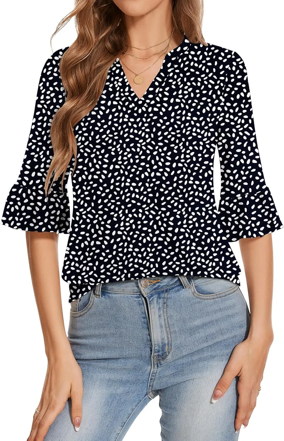 YATHON 3/4 Length Sleeve Womens Tops Dressy Casual Summer Shirts V Neck Bell Sleeve Floral Print Loose Ruffle Tunic Blouses