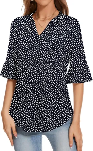 YATHON 3/4 Length Sleeve Womens Tops Dressy Casual Summer Shirts V Neck Bell Sleeve Floral Print Loose Ruffle Tunic Blouses