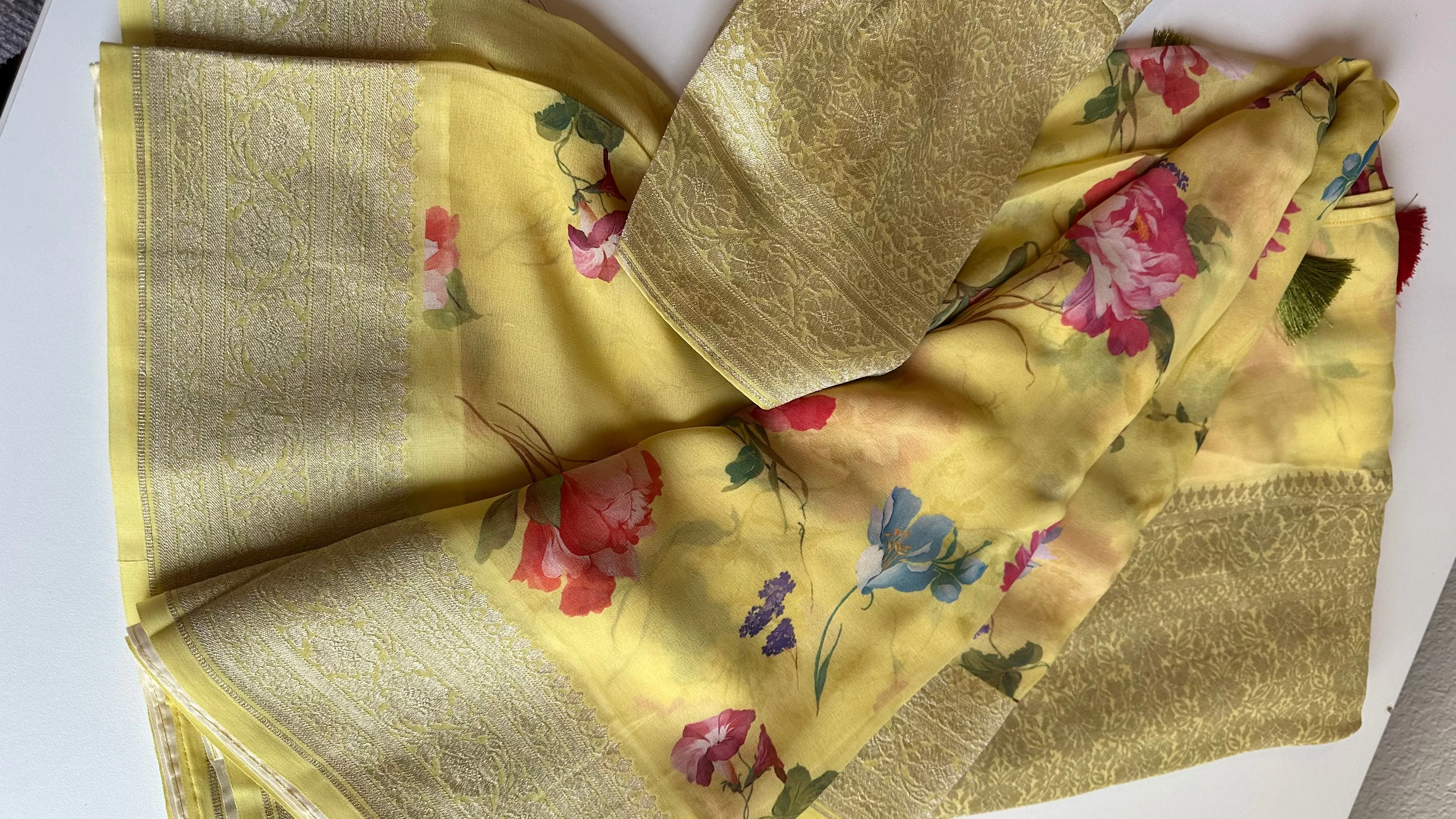 Yellow Floral Beneras Georgette Silk with stitched  blouse