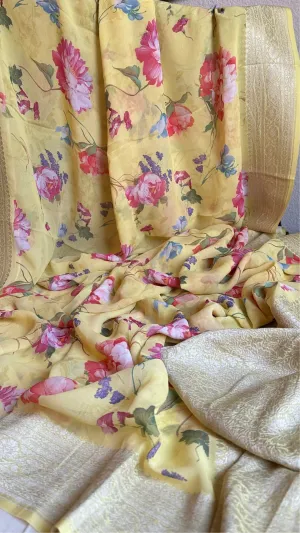 Yellow Floral Beneras Georgette Silk with stitched  blouse