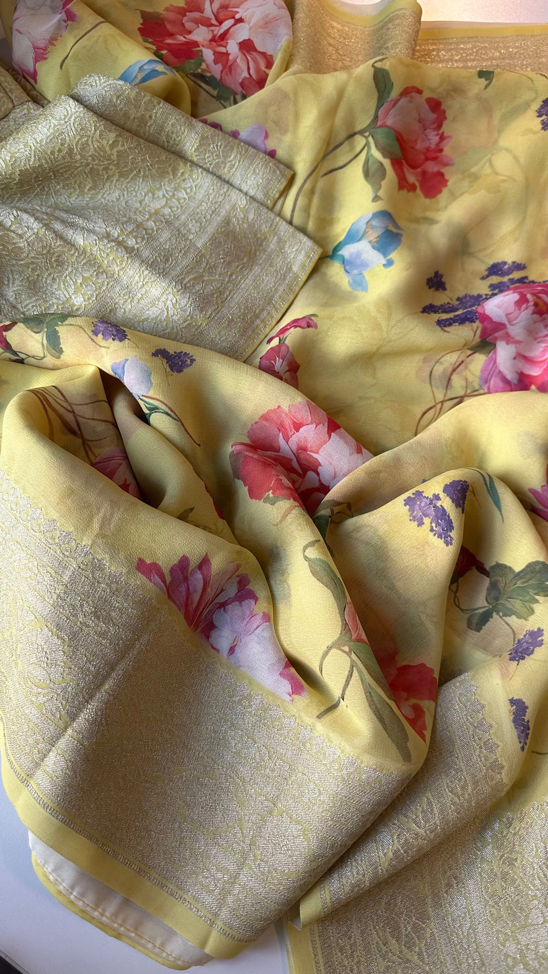 Yellow Floral Beneras Georgette Silk with stitched  blouse