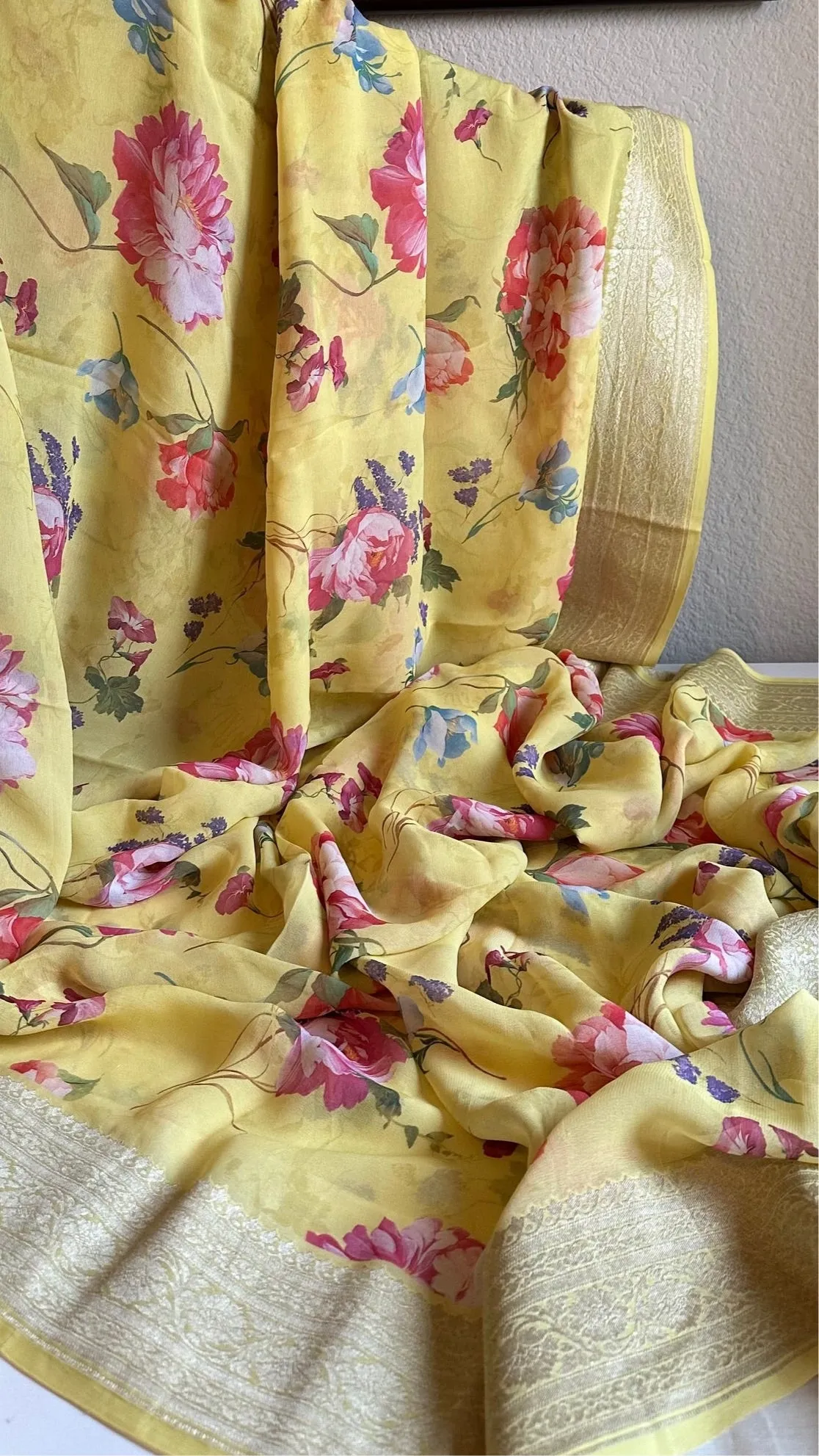 Yellow Floral Beneras Georgette Silk with stitched  blouse