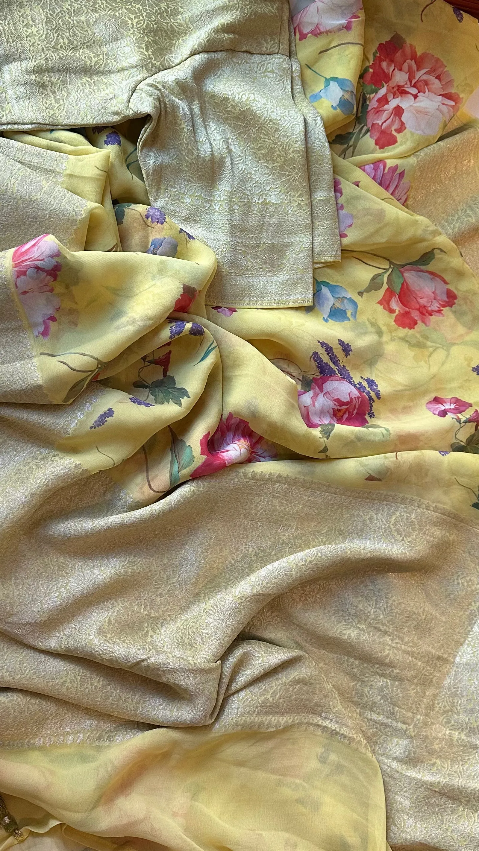 Yellow Floral Beneras Georgette Silk with stitched  blouse