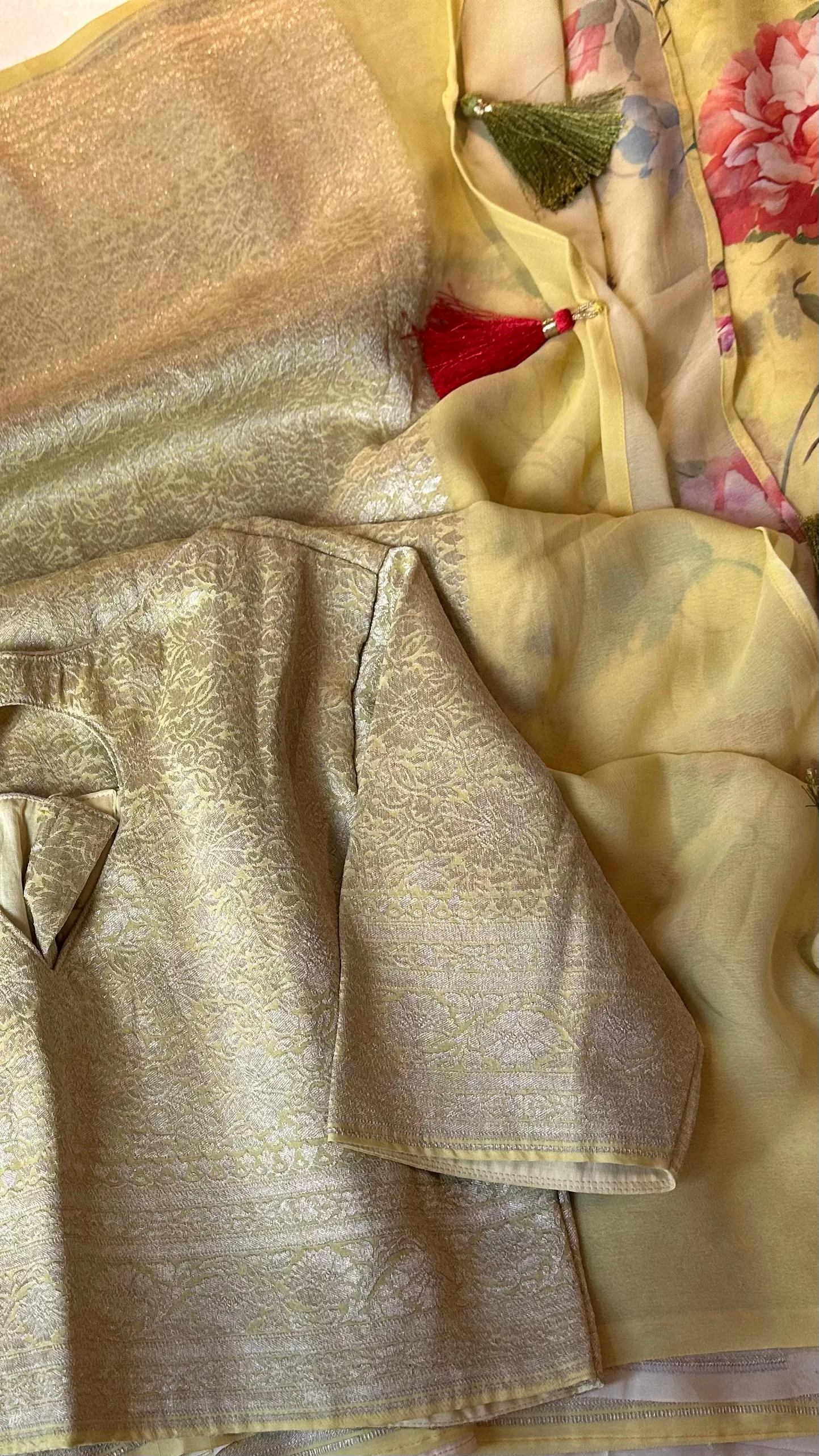 Yellow Floral Beneras Georgette Silk with stitched  blouse
