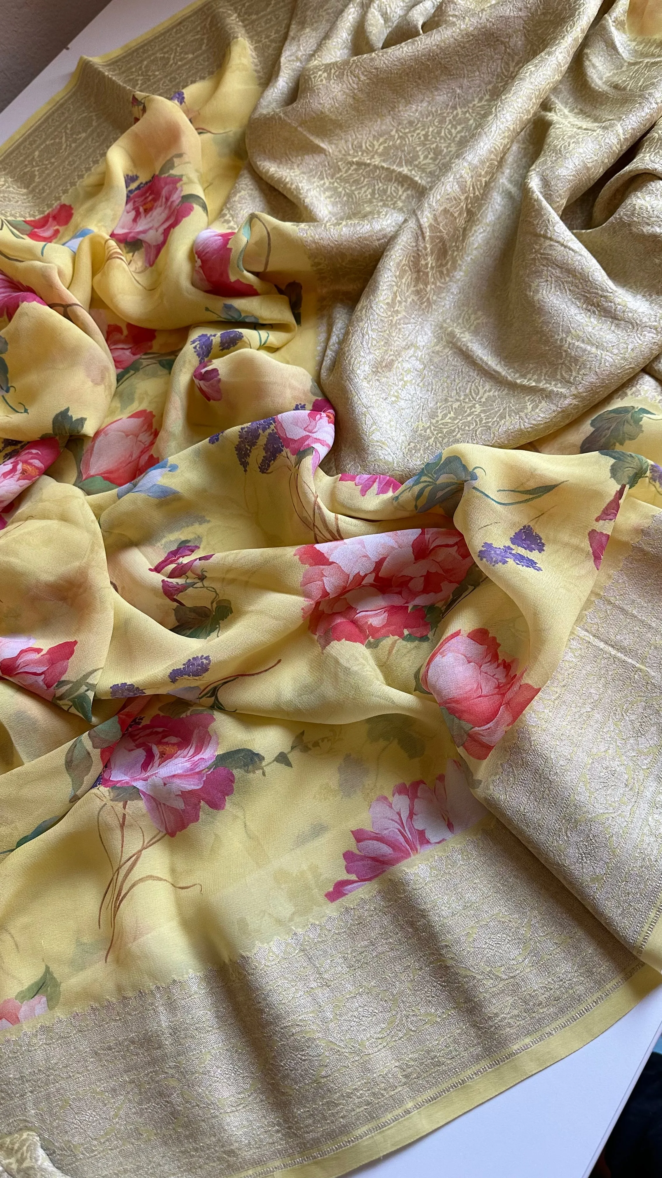 Yellow Floral Beneras Georgette Silk with stitched  blouse