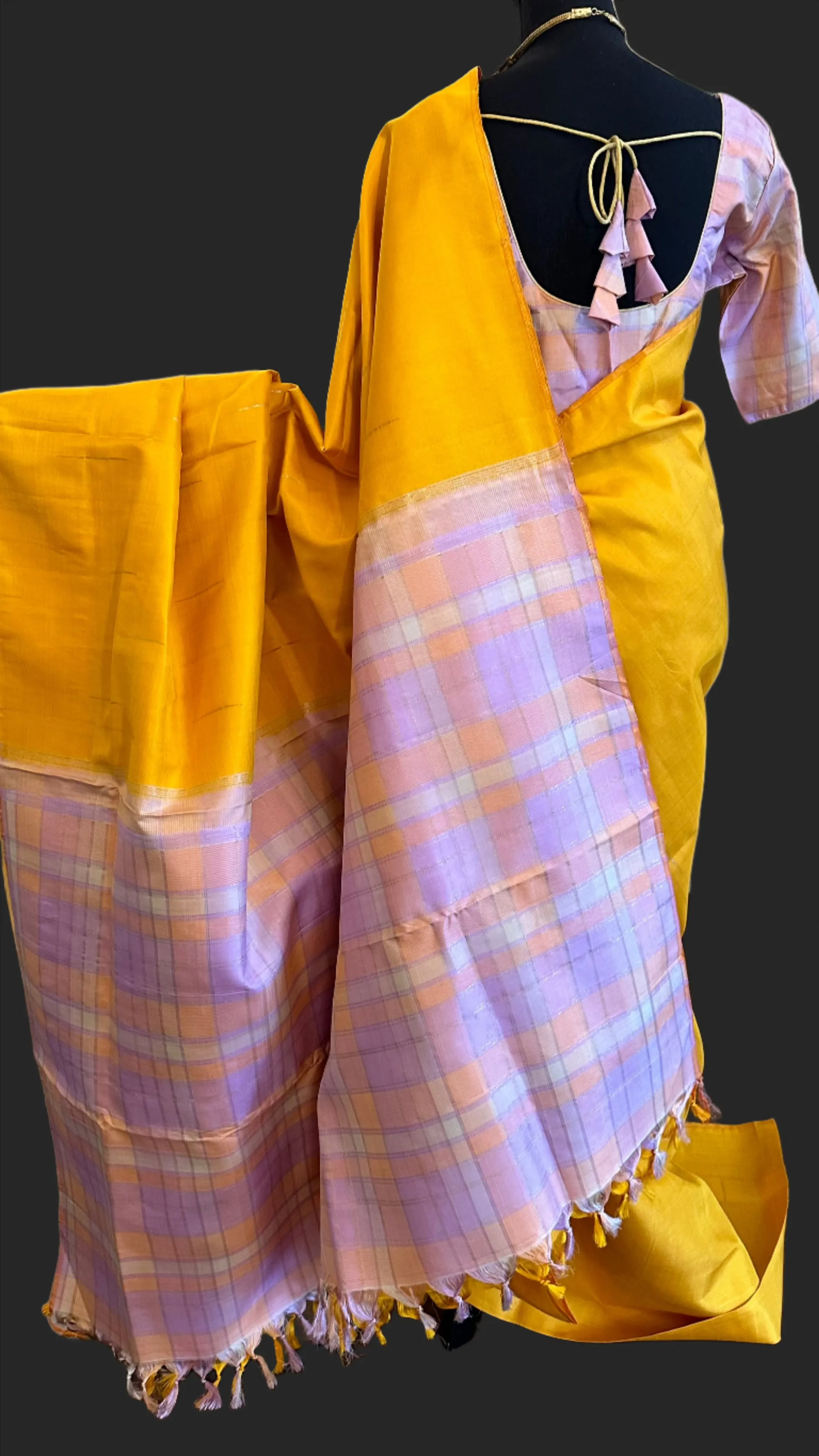 Yellow kanjivaram silk saree checks blouse and pallu