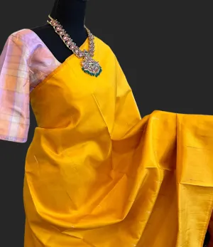 Yellow kanjivaram silk saree checks blouse and pallu