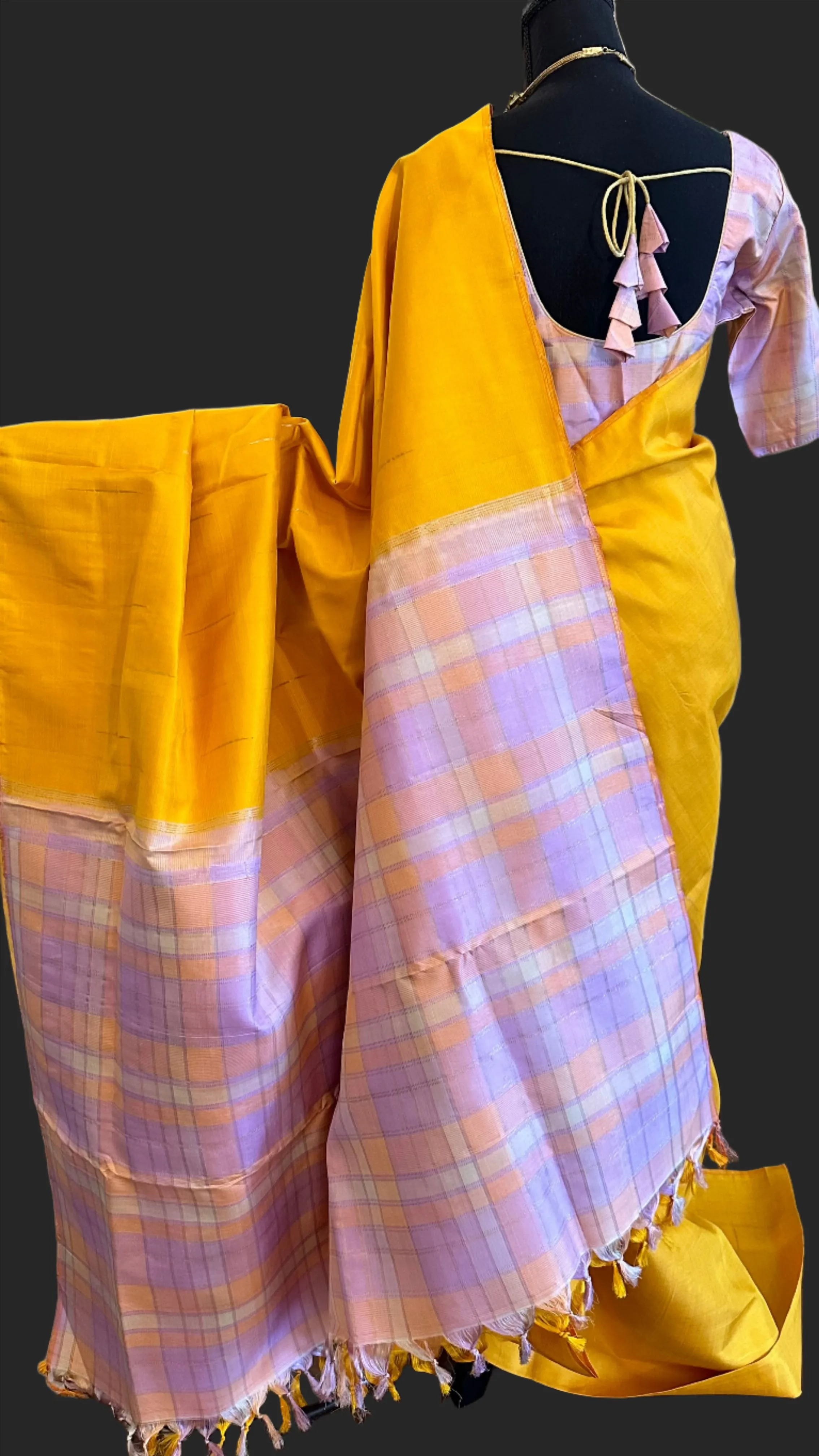 Yellow kanjivaram silk saree checks blouse and pallu